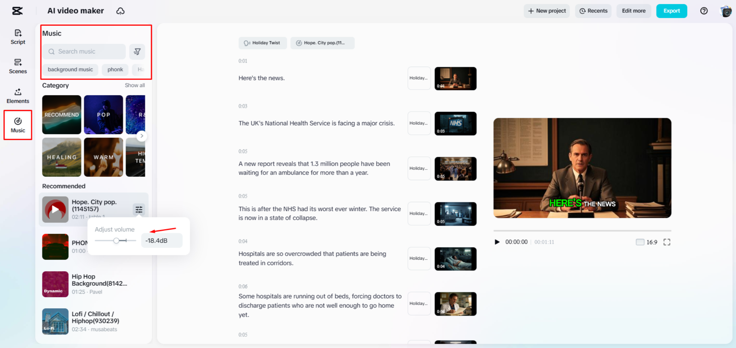 Agregar música de fondo a un video en CapCut Web
