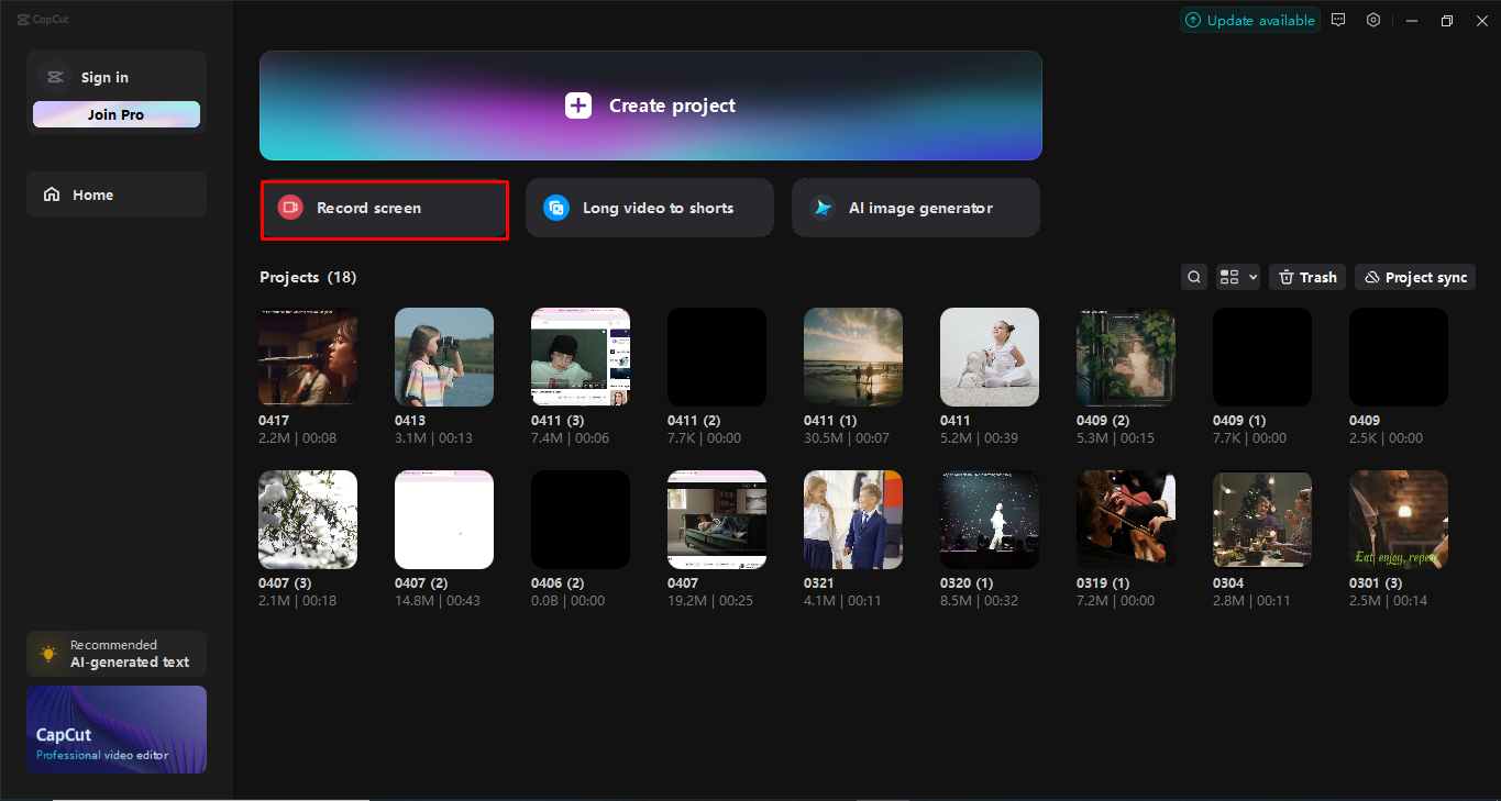 Acceso a la grabadora de pantalla en el CapCut editor de vídeo de escritorio