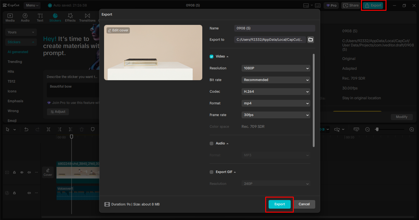 Exporting video from the CapCut desktop video editor
