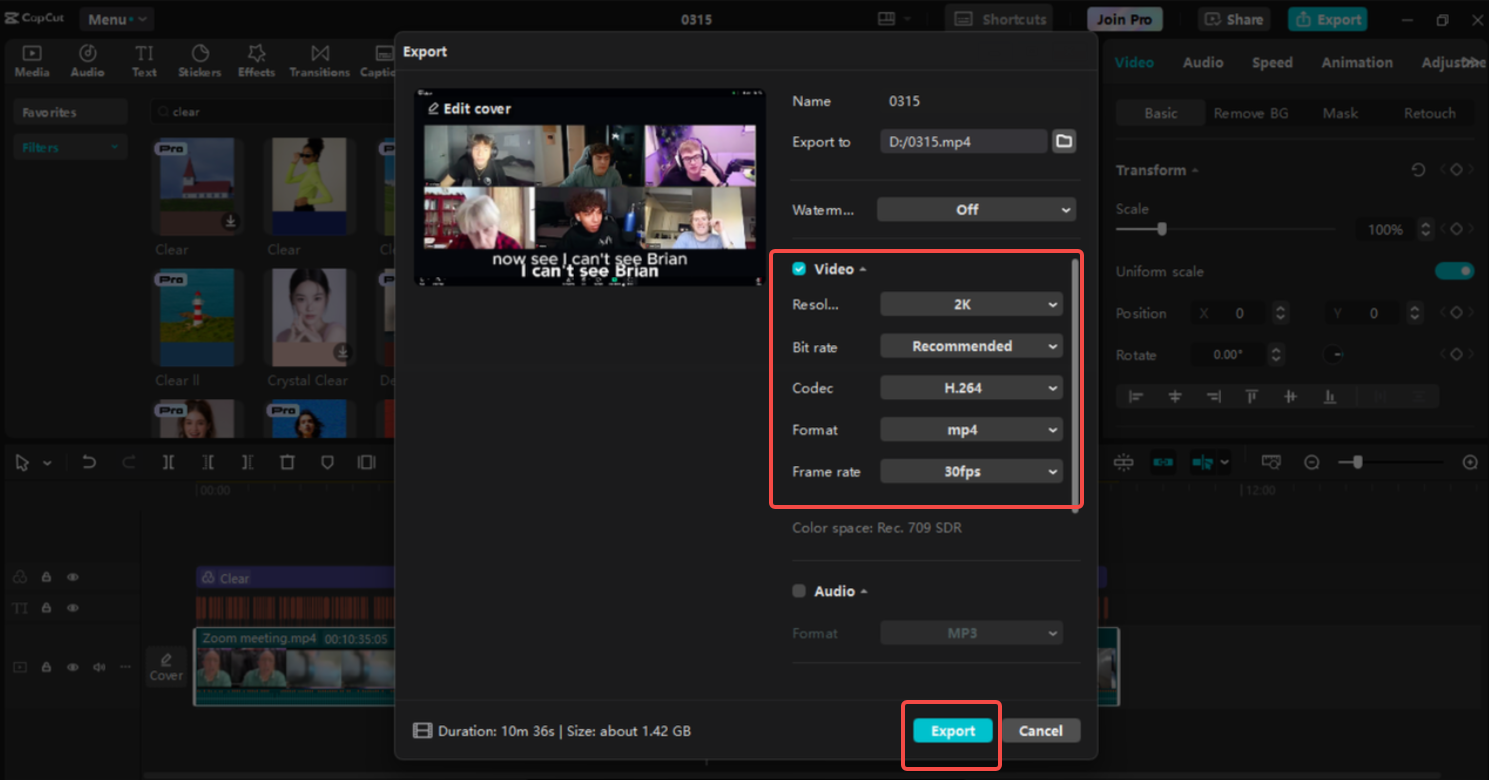 Exporting the recording in CapCut