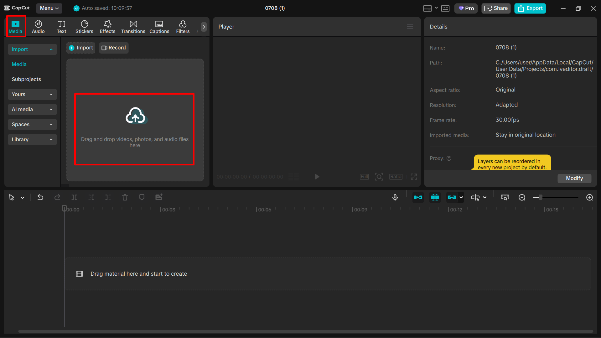 Importing the video into the CapCut desktop video editor