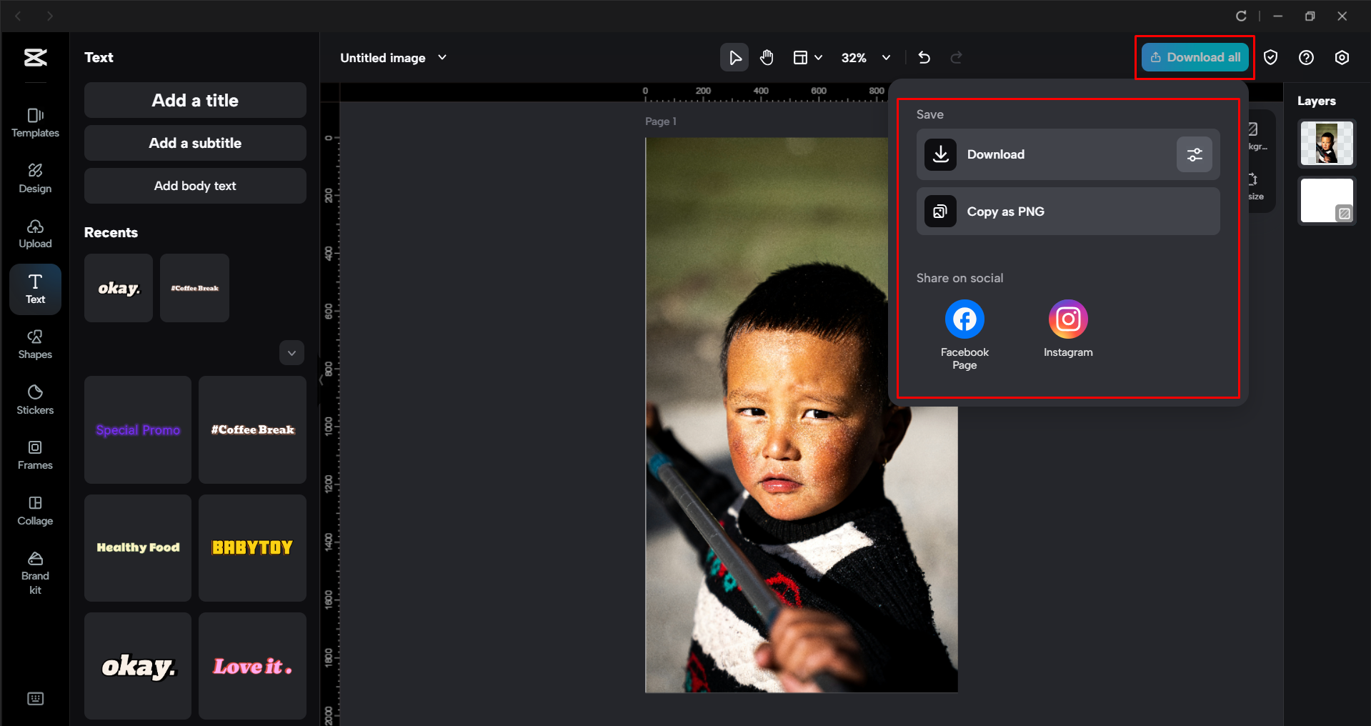 Downloading the image from the CapCut desktop video editor