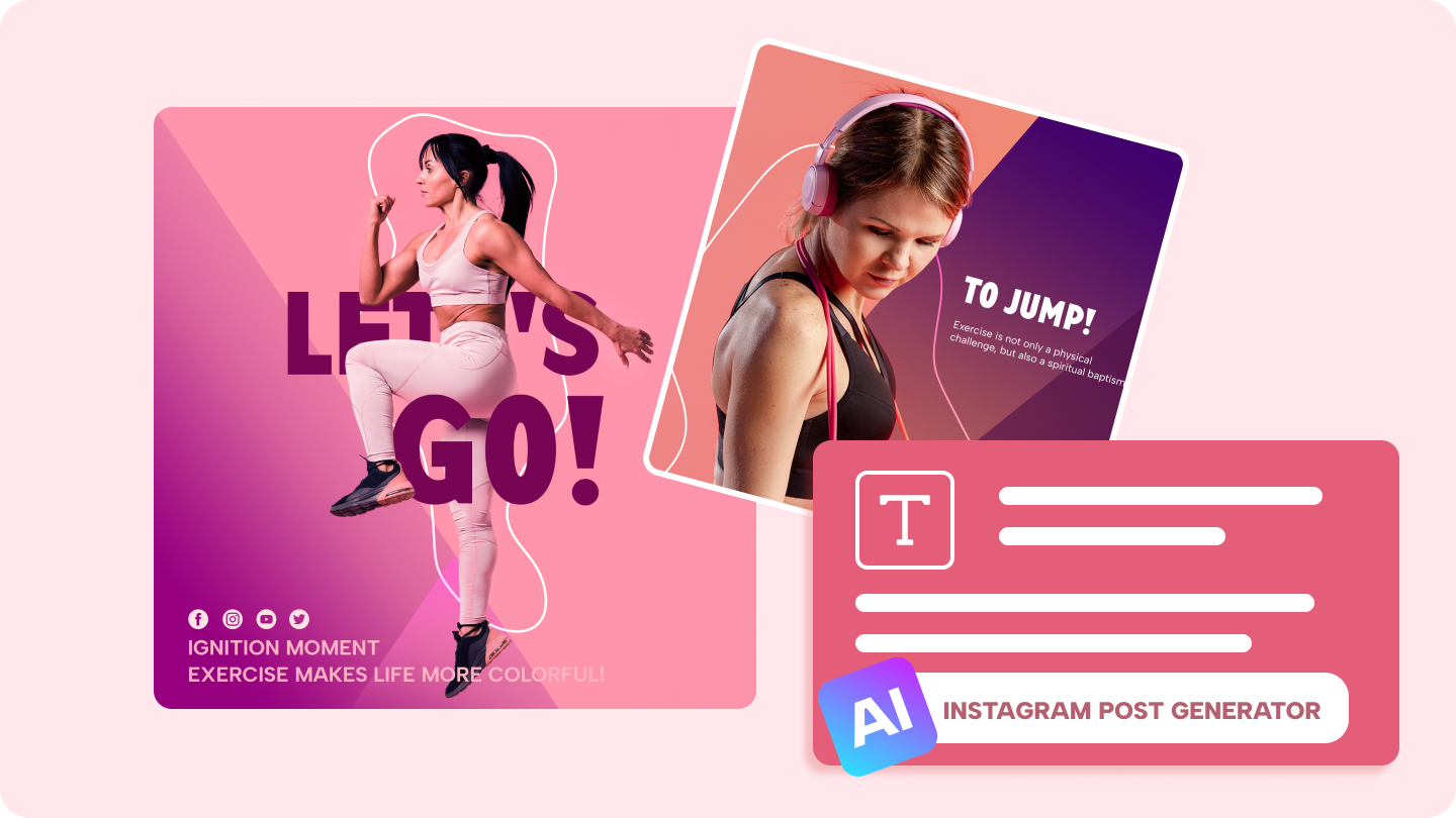 Pink AI generated Instagram post design with a fitness portrait and text card