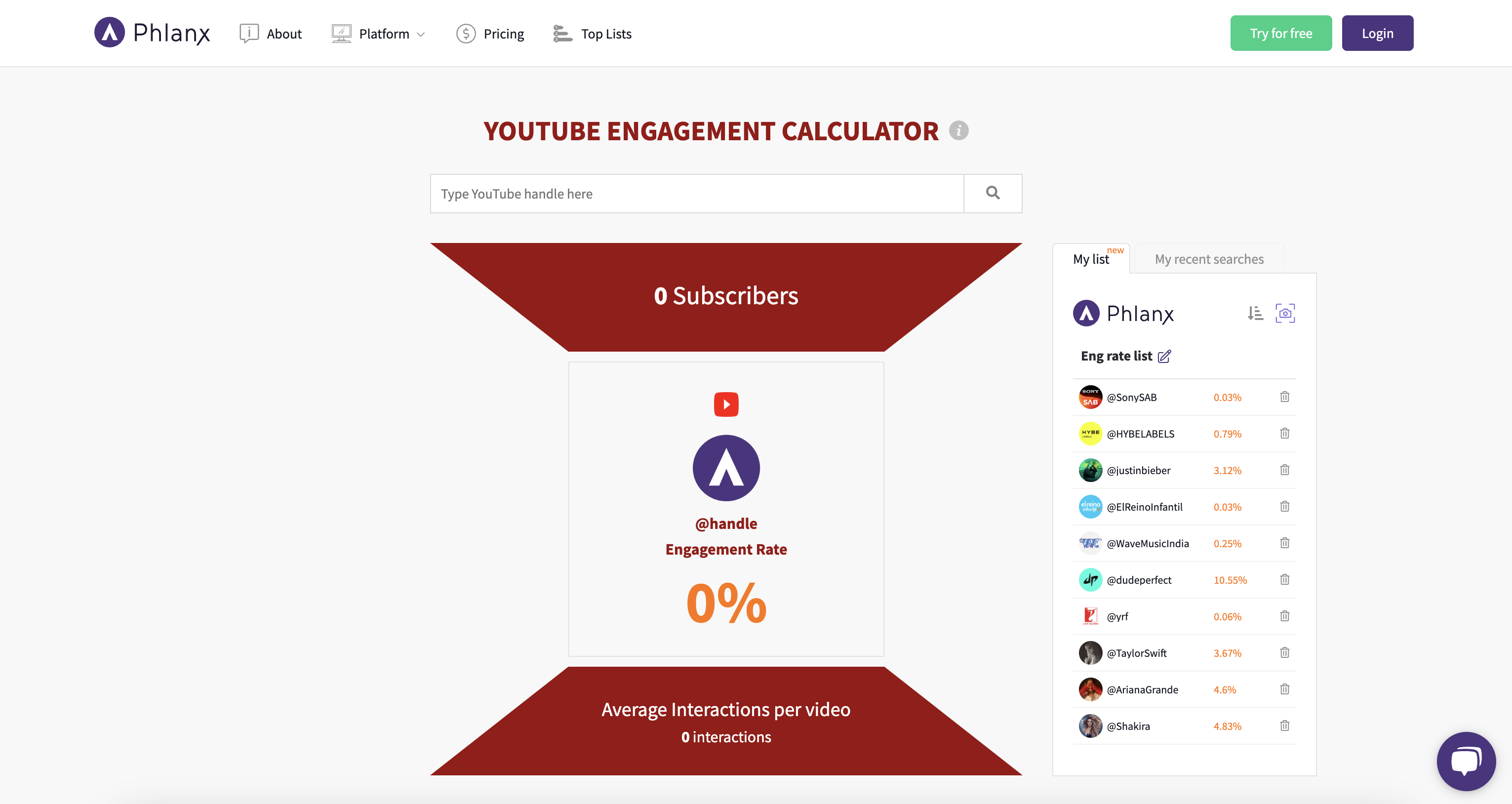 Phlanx YouTube engagement rate calculator
