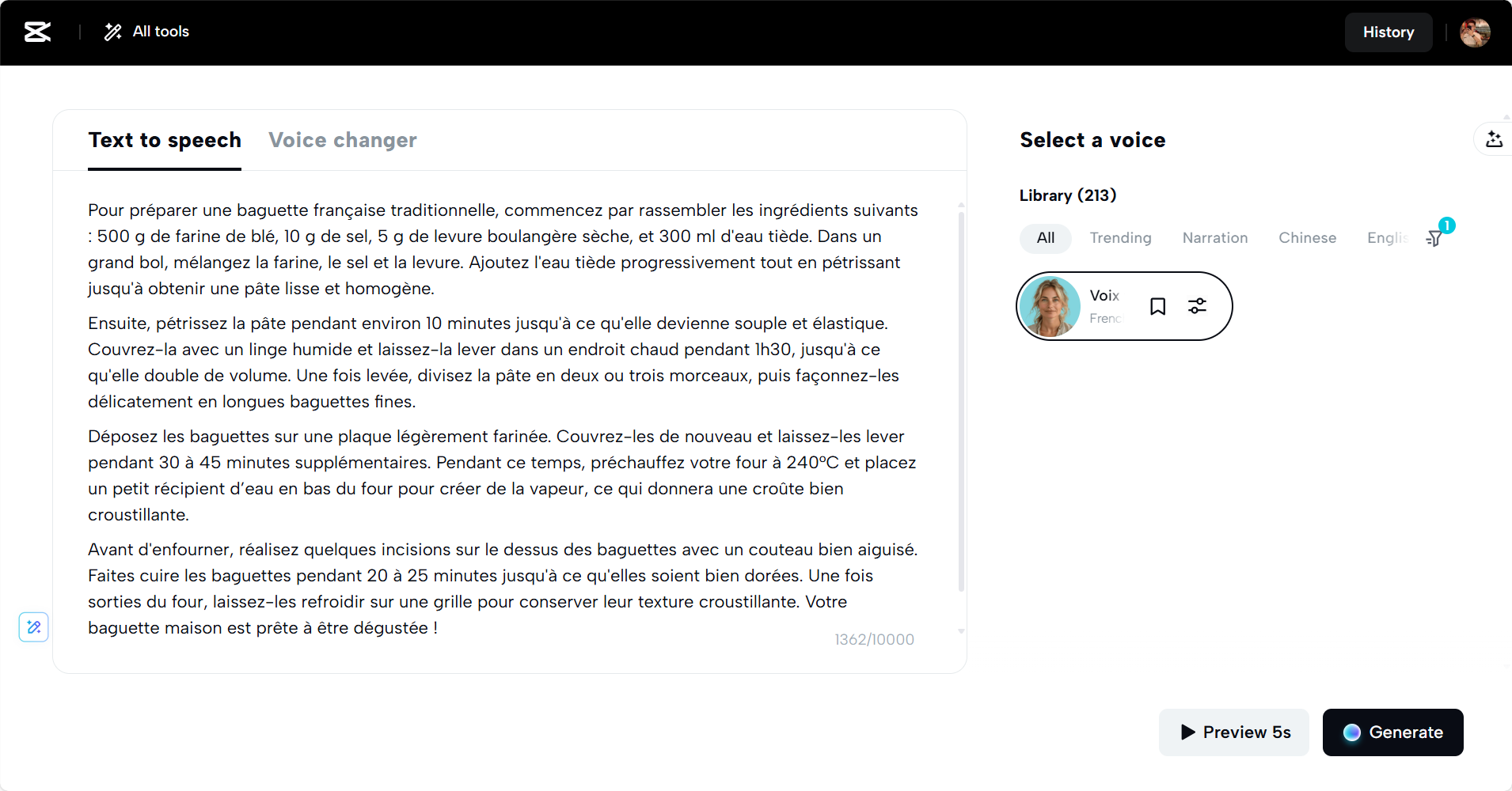 CapCut Web's AI French text to speech generator