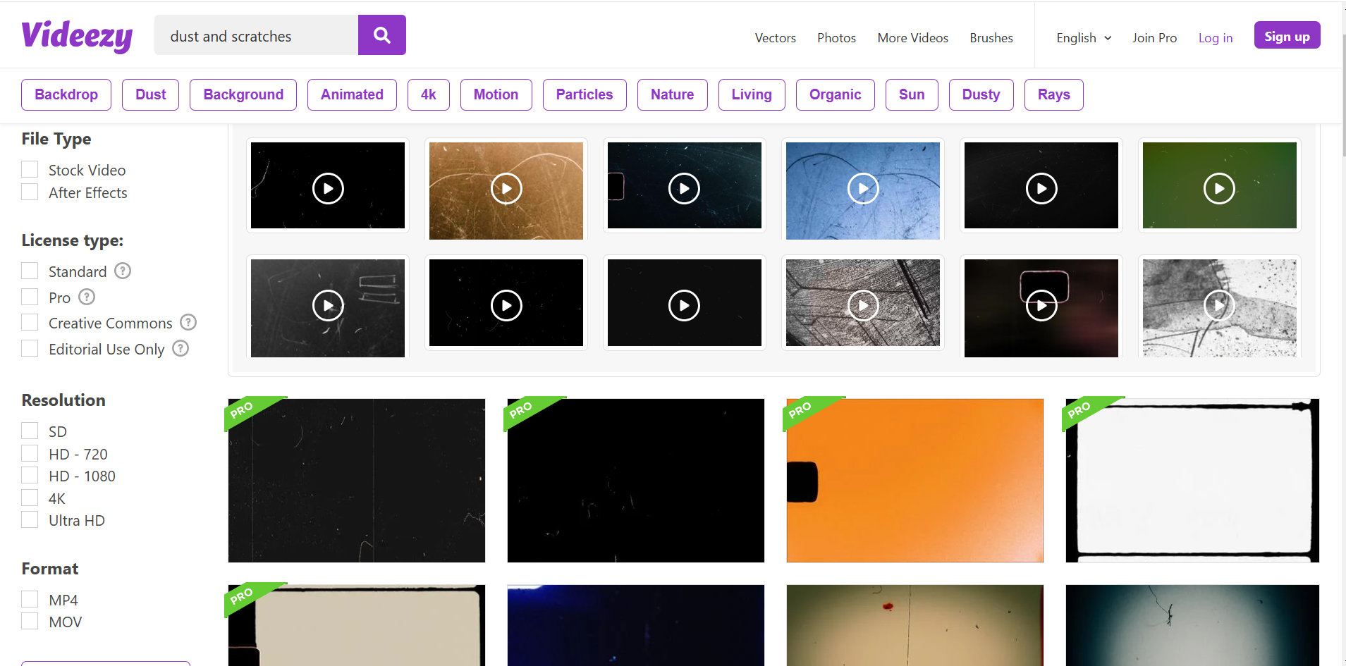 Interface do Videezy - o melhor site para obter sobreposições de vídeo grátis de poeira e arranhões