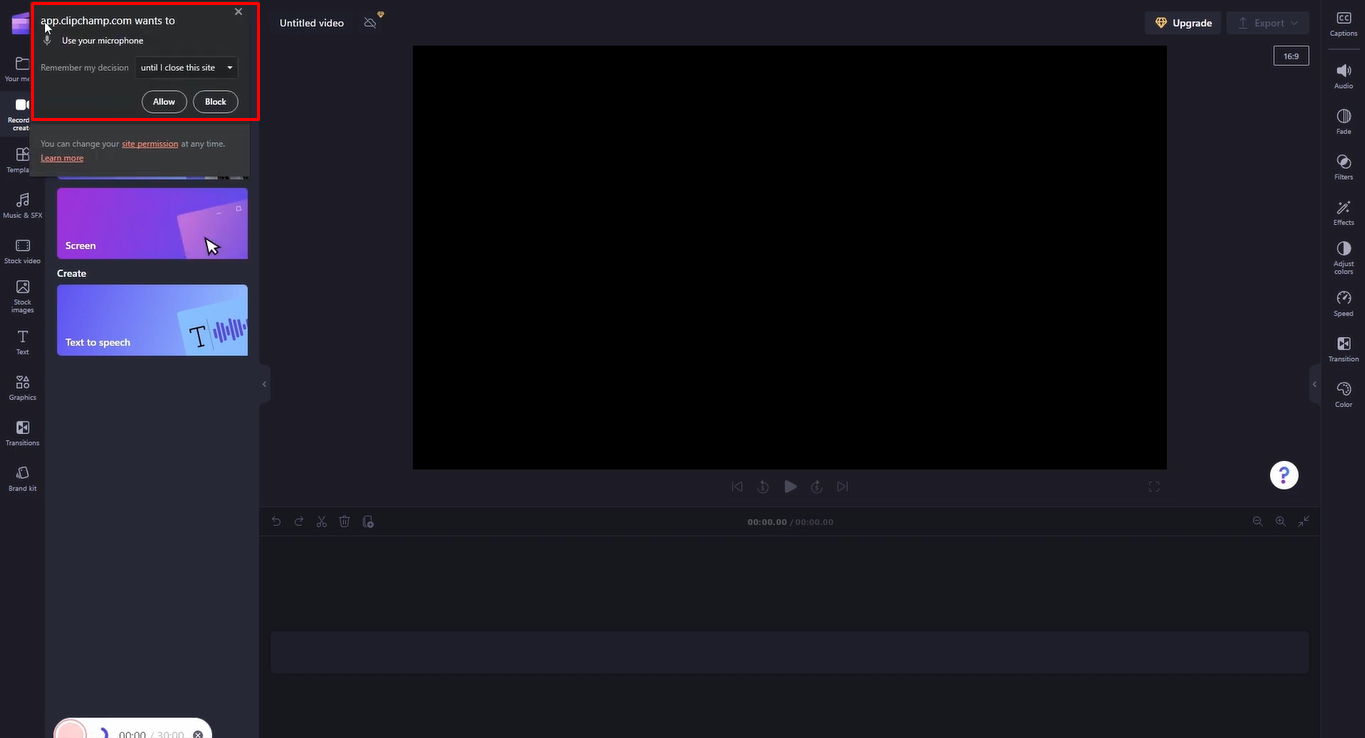 Consentire l'accesso al microfono nel registratore dello schermo Clipchamp