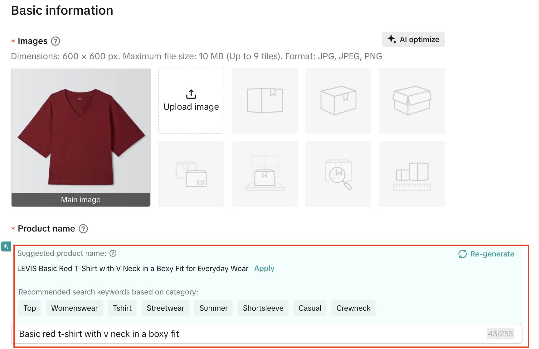 Enter basic product information