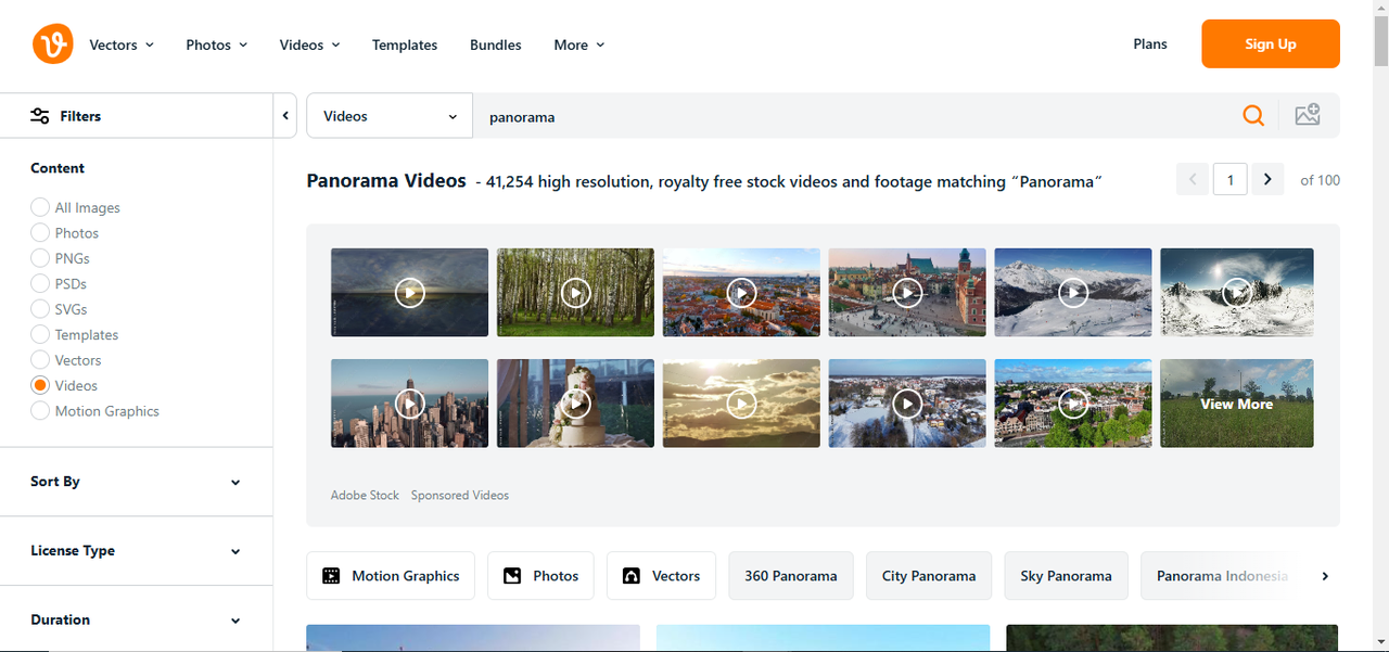 Interface de la plate-forme Vecteezy présentant une bibliothèque de vidéos panoramiques 360 de haute qualité