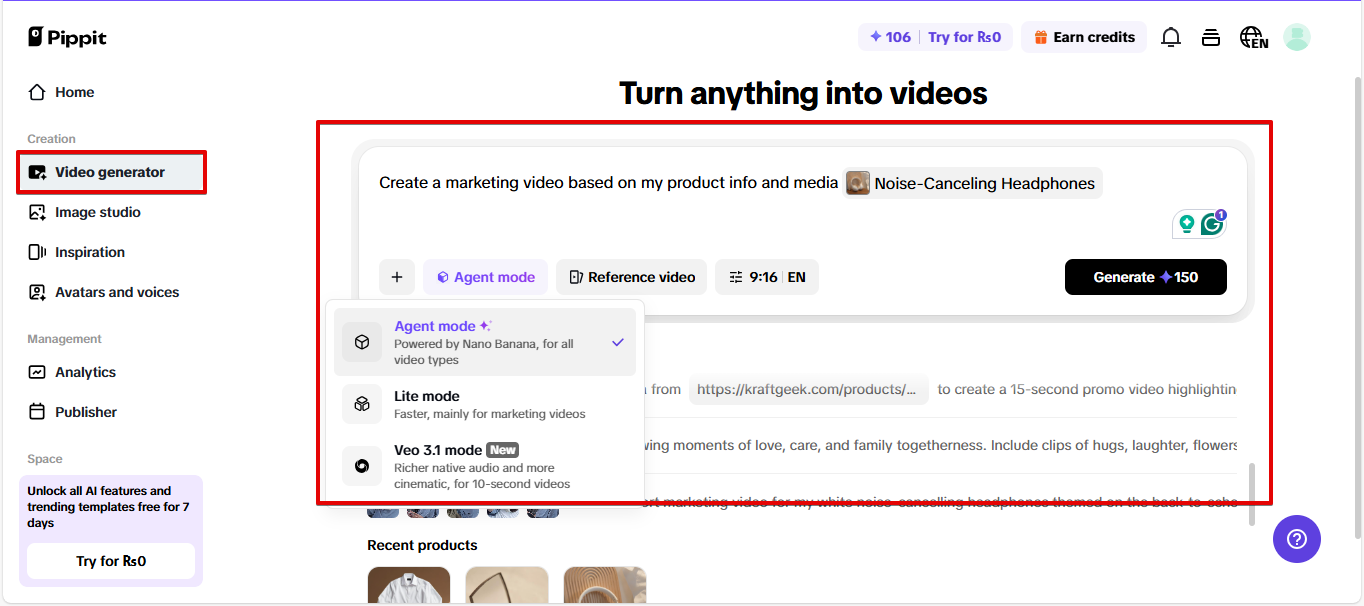 Generowanie wideo w Pippit