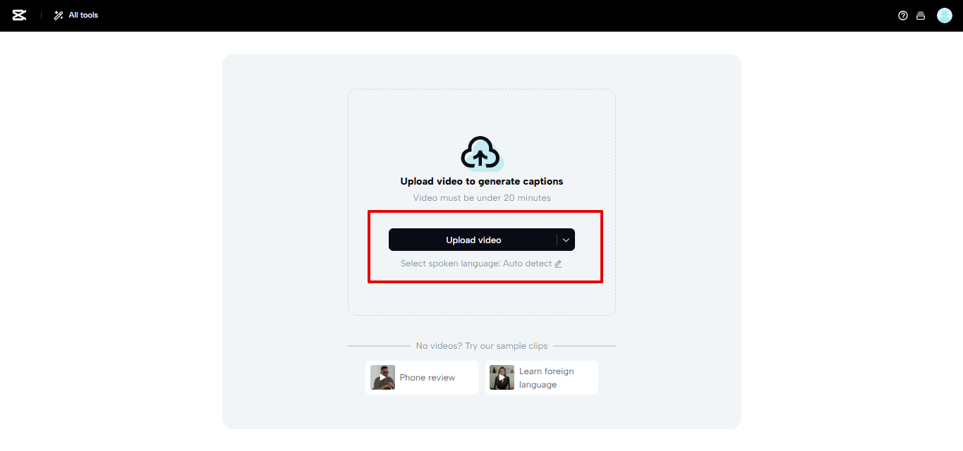 Uploading YouTube video to CapCut Web