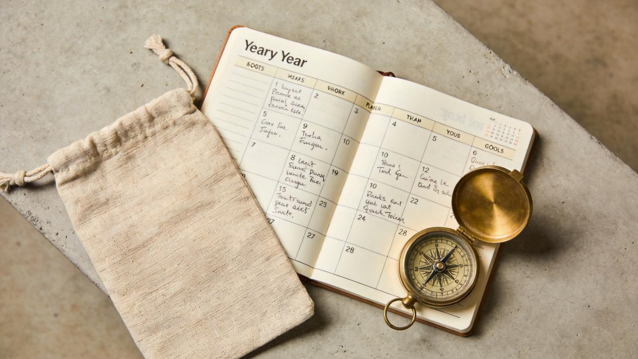 Open journal with handwritten monthly planner beside a cloth pouch and brass compass