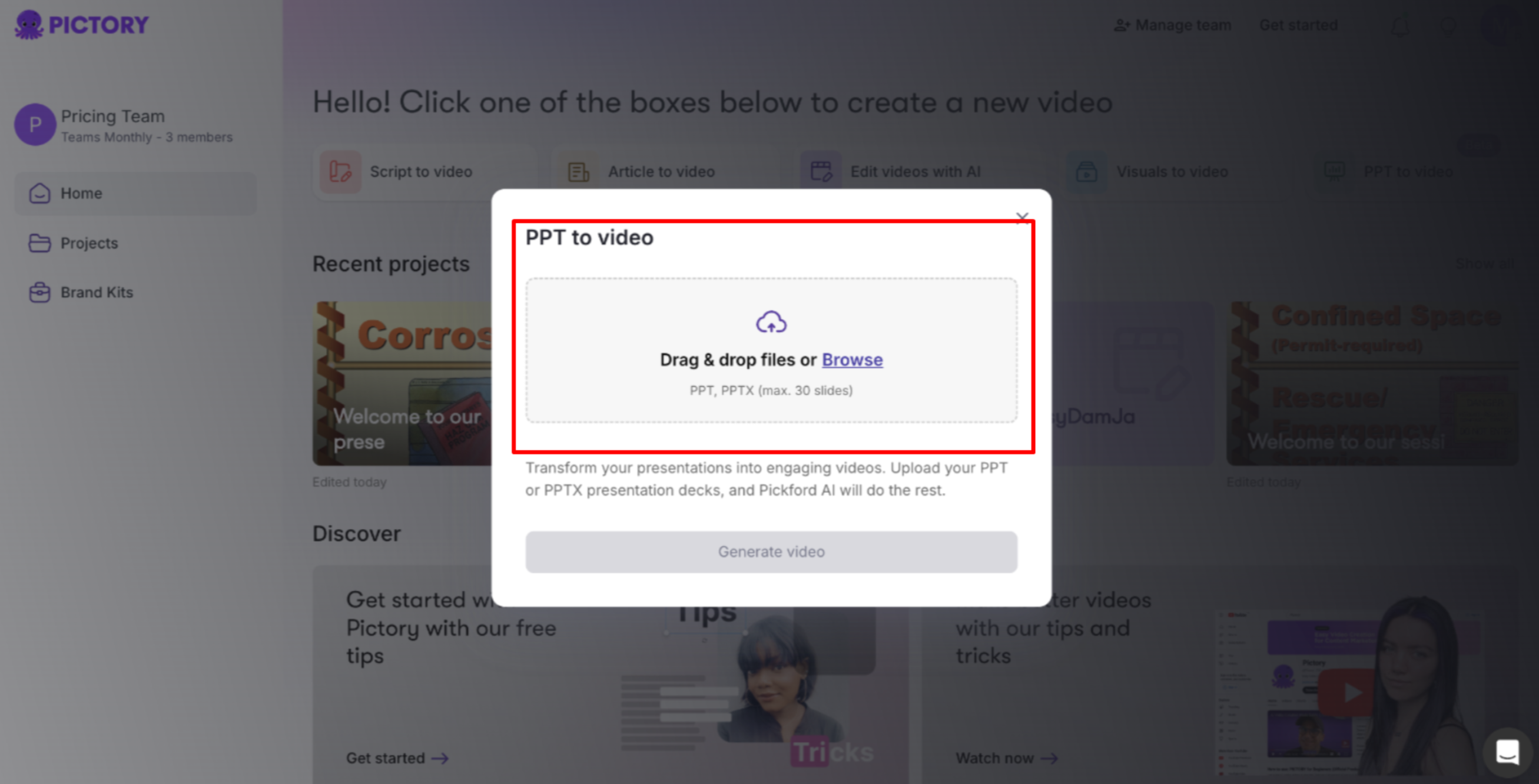Uploading your file to convert PPT to video