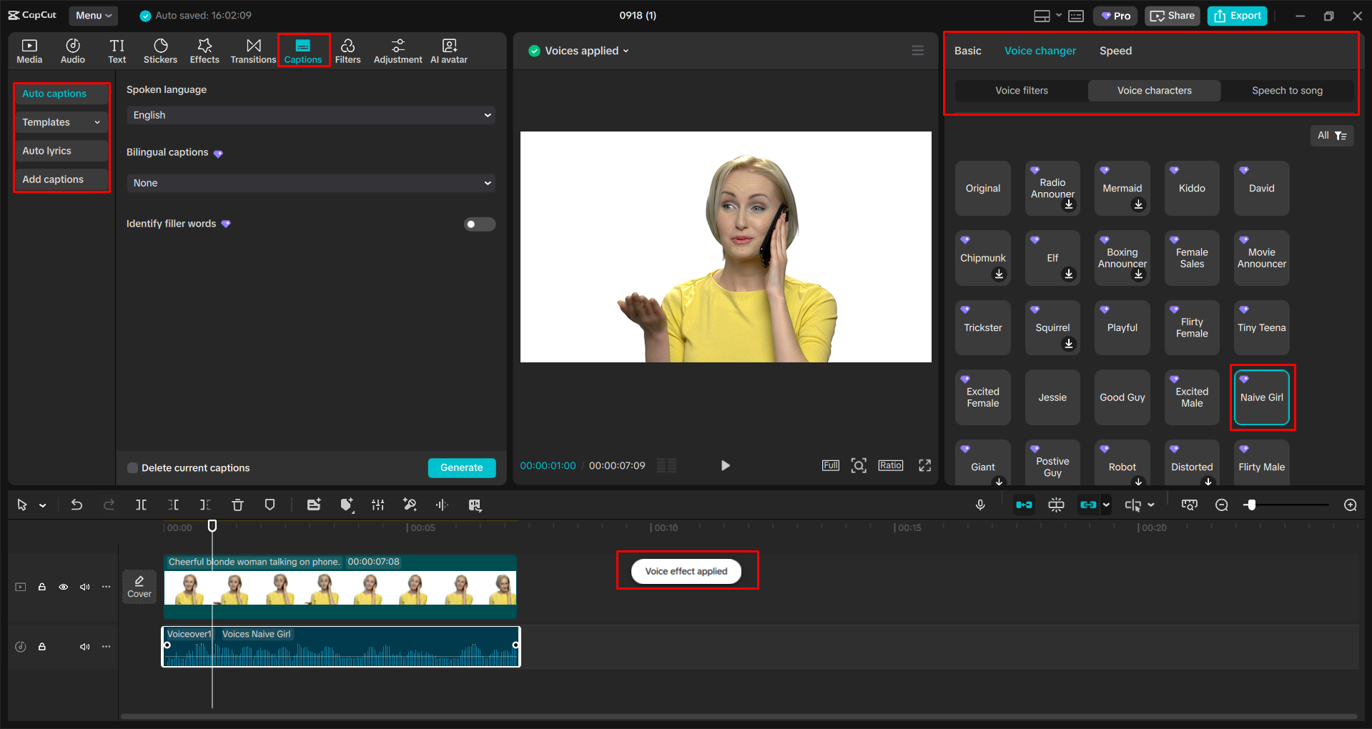 Applicazione di un effetto vocale ragazza al video nell' CapCut editor video desktop