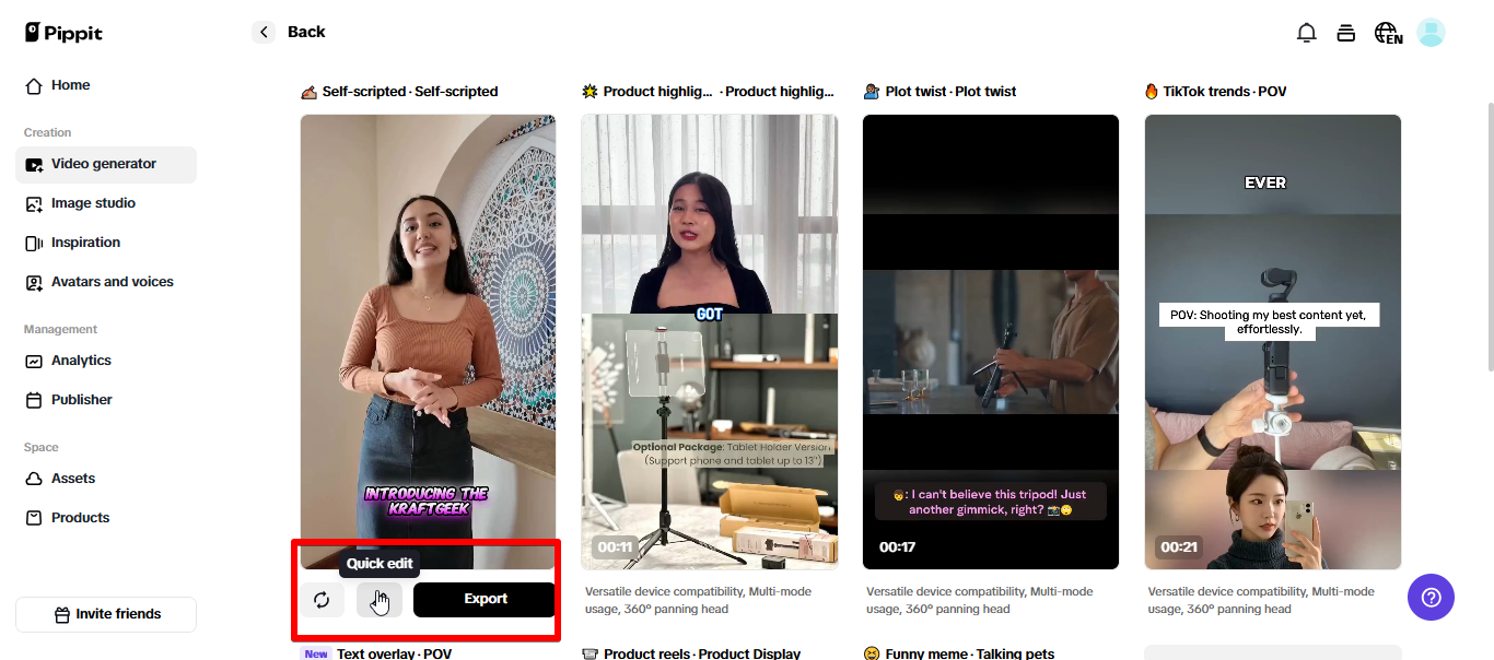 Exporting video from Pippit