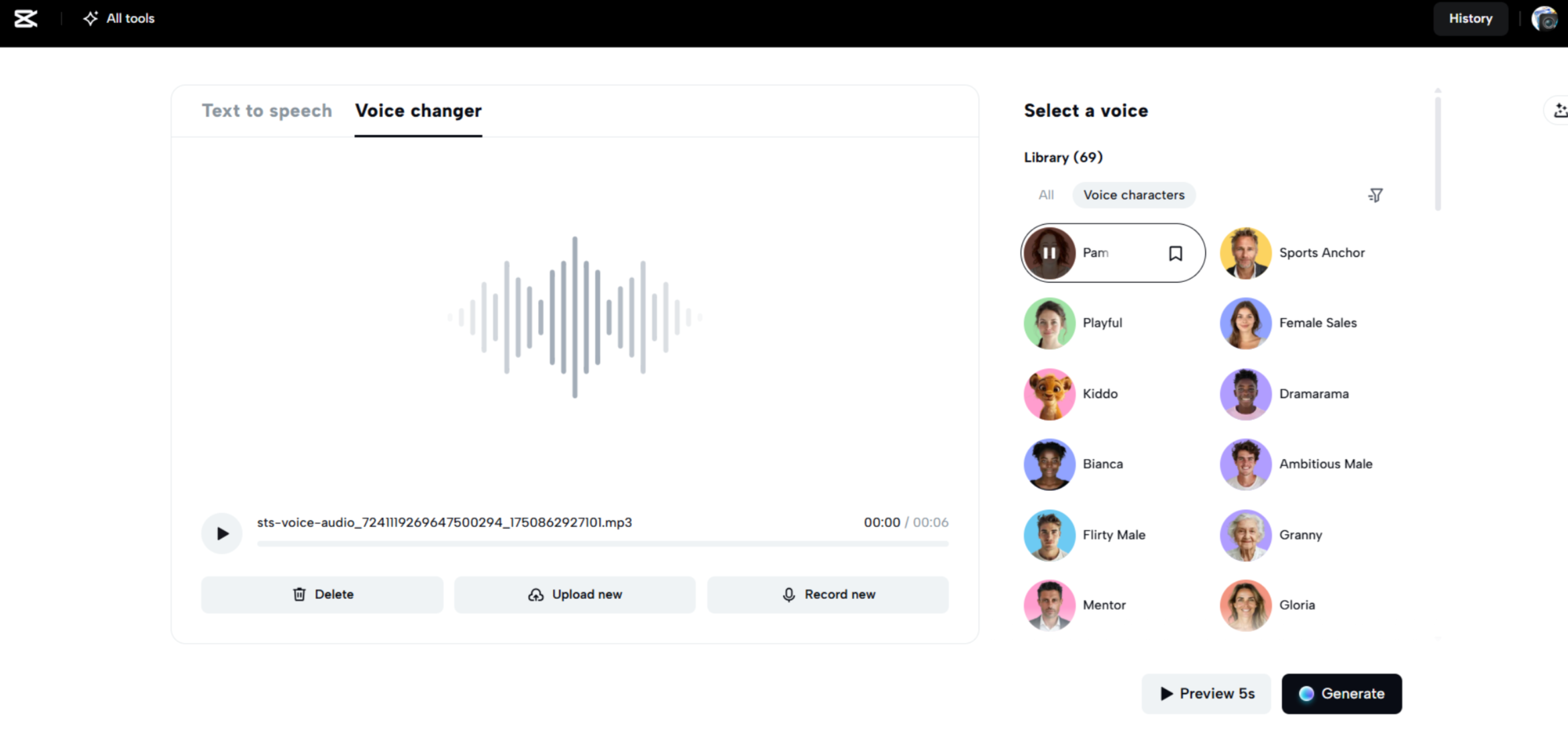 Interface de CapCut Web - un changeur de voix facile à utiliser pour Discord