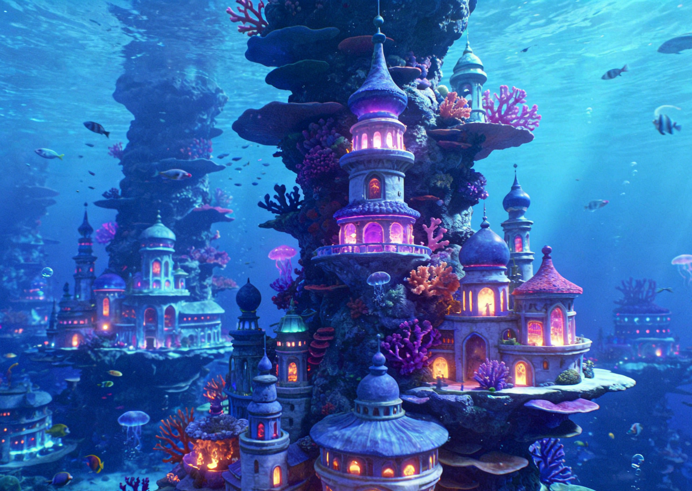 A grand underwater coral metropolis with glowing organic architecture
