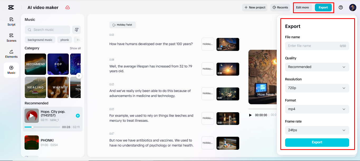 Exporting the final video from CapCut's AI video maker