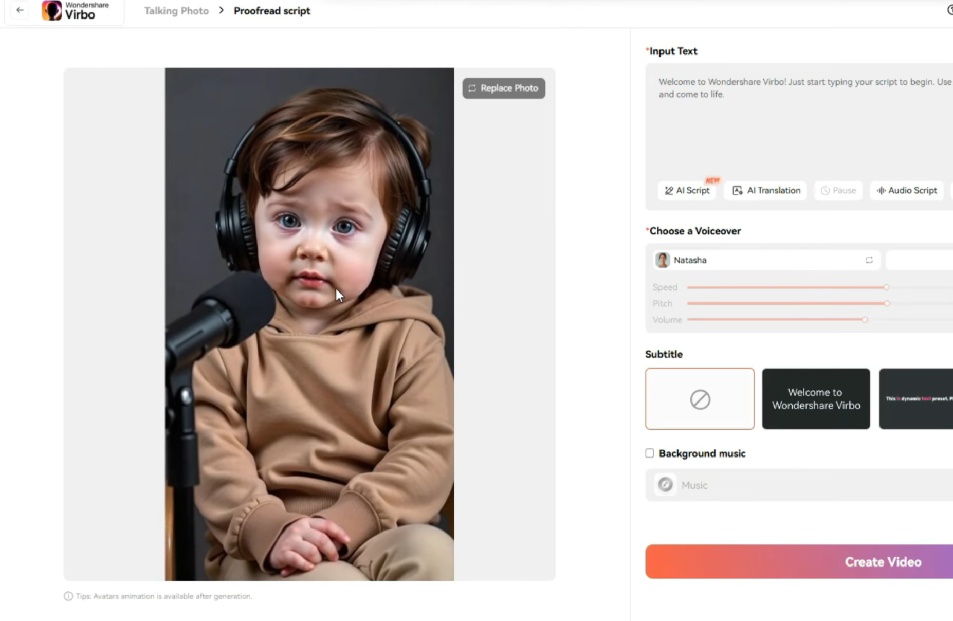 Wondershare Vibro’nun arayüzü - konuşan bebek podcastleri yapmak için verimli bir araç