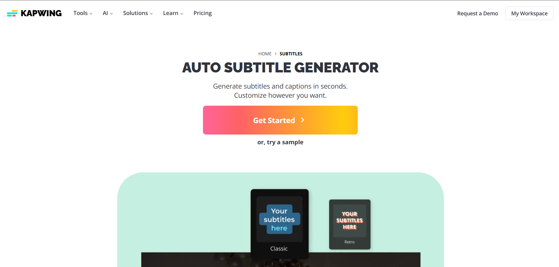 Interfaccia del generatore di sottotitoli automatici di Kapwing