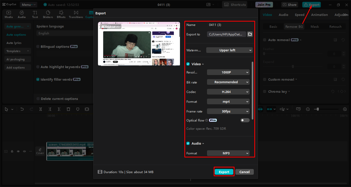 Esportazione della registrazione utilizzando l' CapCut editor video desktop