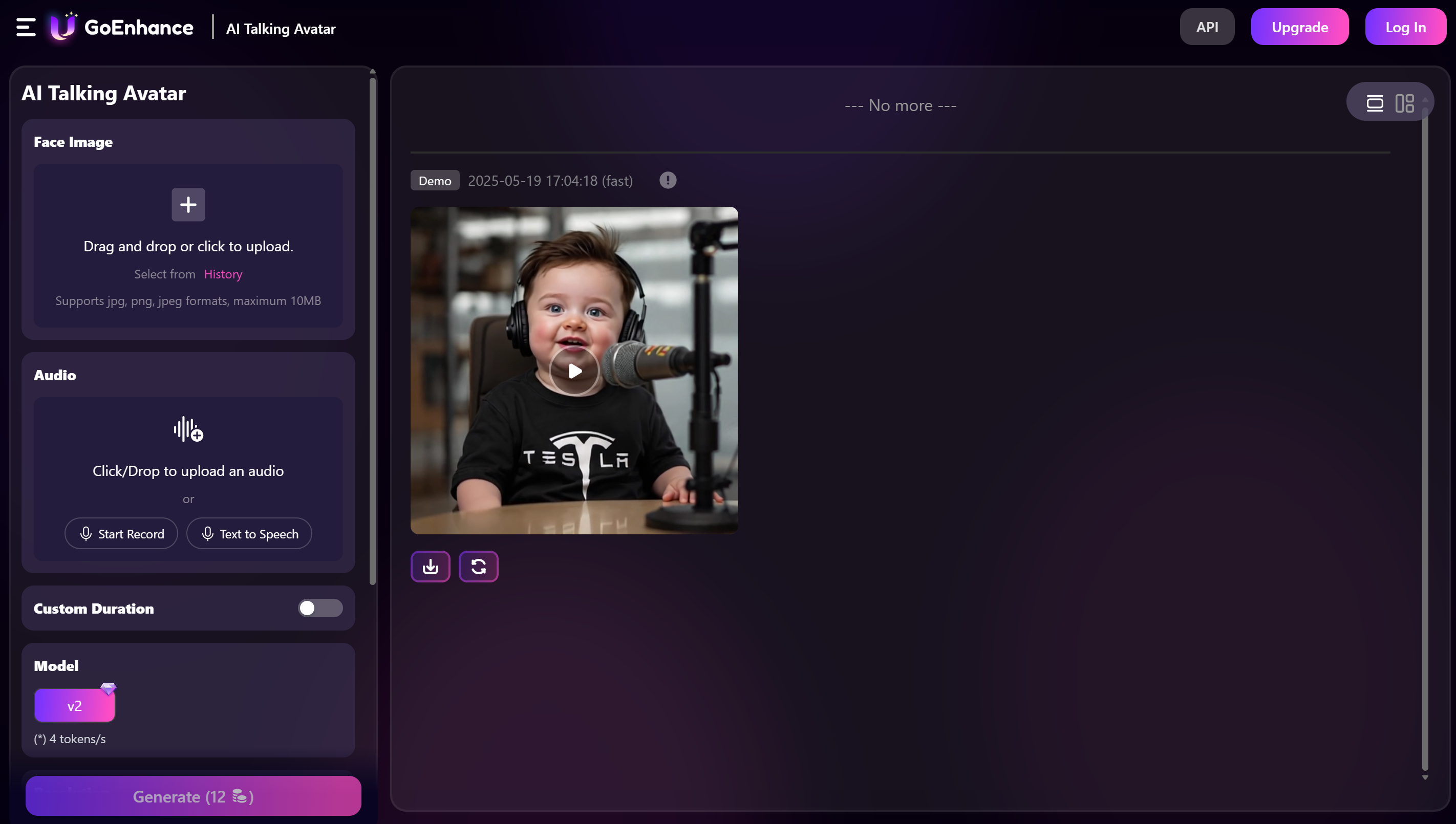 GoEnhance AI arayüzü - konuşan bebek podcastleri üretmek için ideal bir araç
