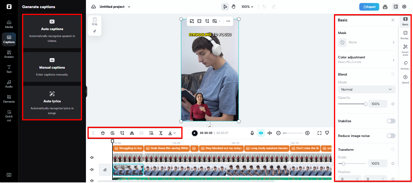 Video editing space in Pippit