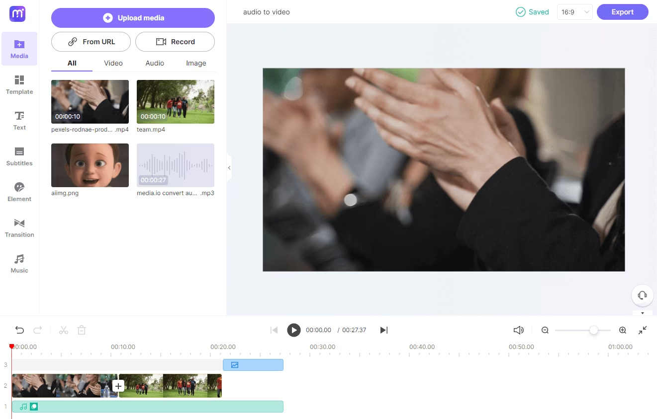 Interface of Media.io - the most liked free AI MP3 to video generator