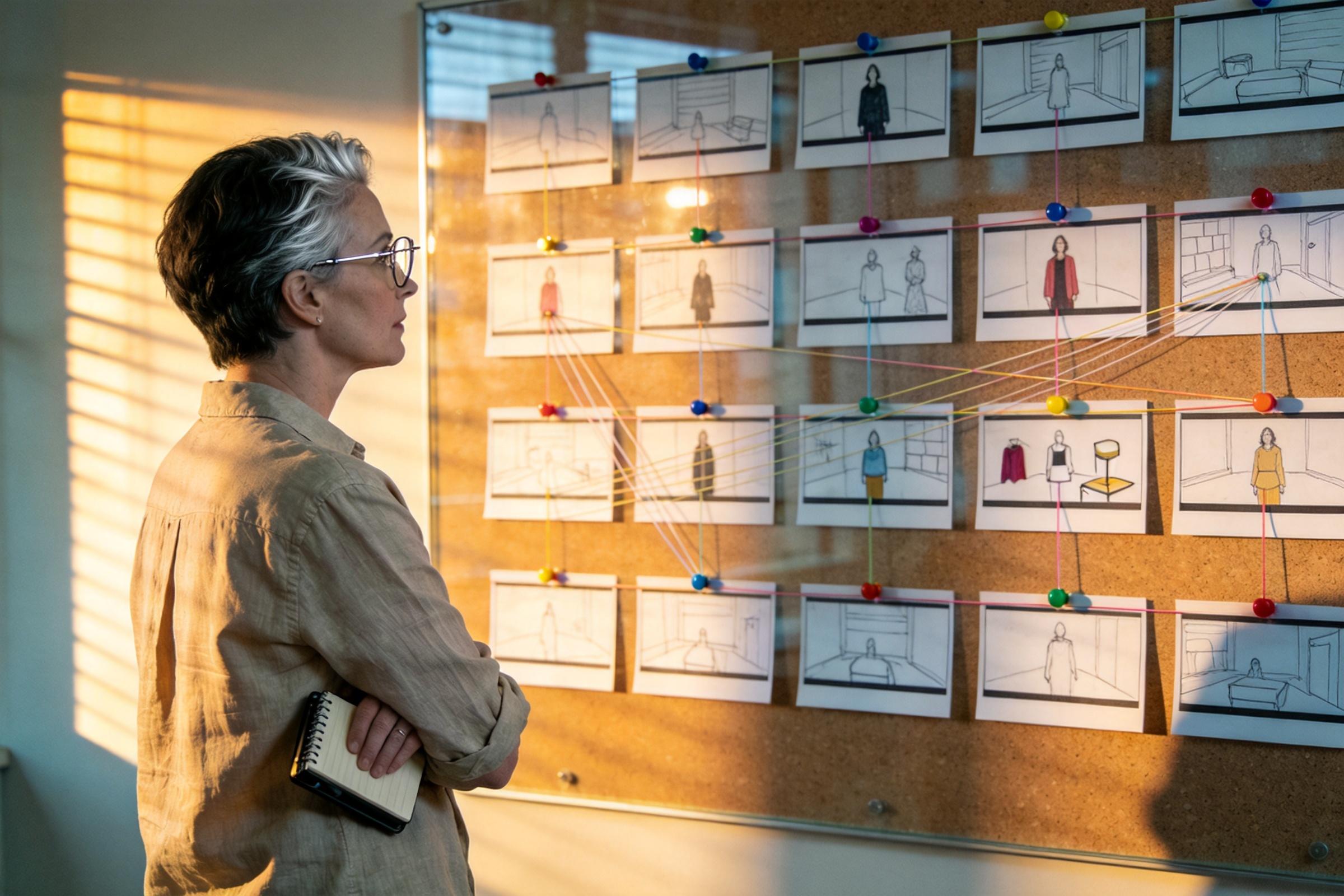 Woman studies a corkboard of storyboard sketches connected with colored strings