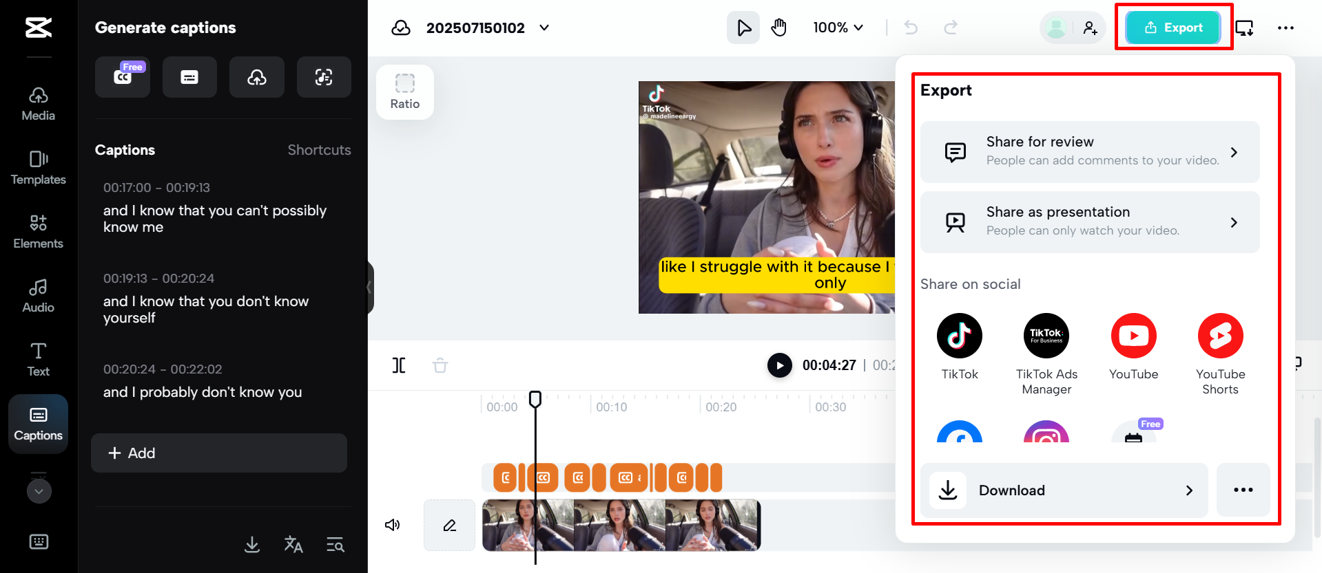 Exportando as legendas do CapCut Web