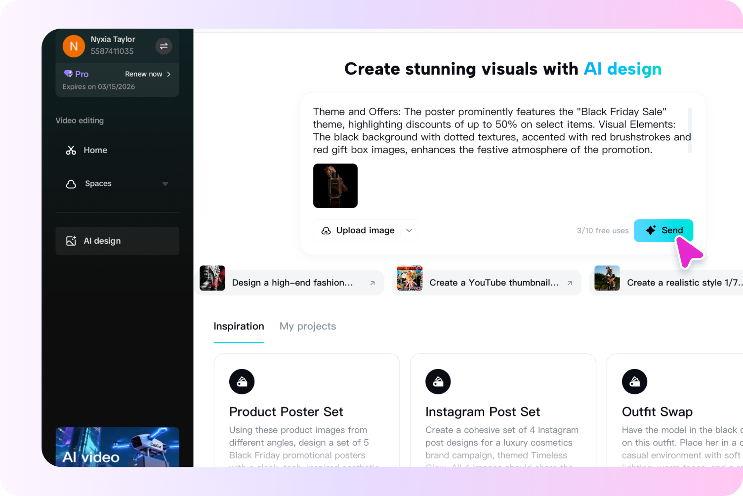 Uploading product photos in the CapCut AI design tool