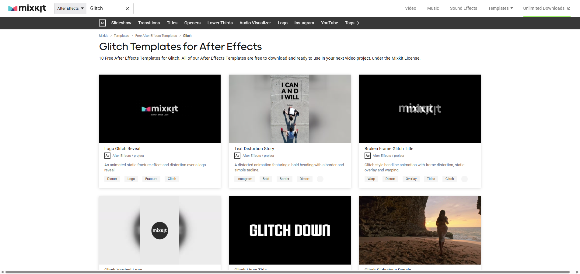 Interface of Mixkit - the perfect place to find After Effects text glitch effects