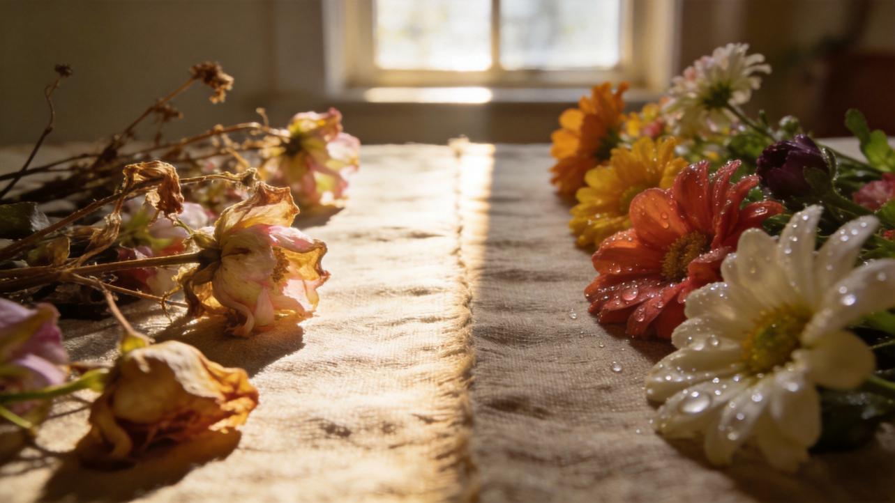 Wilted flowers and fresh daisies arranged on a sunlit table