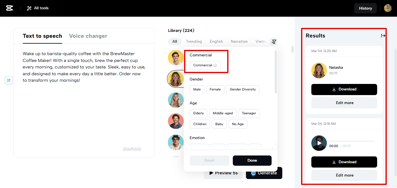 CapCut Web qualité d'exportation des outils TTS
