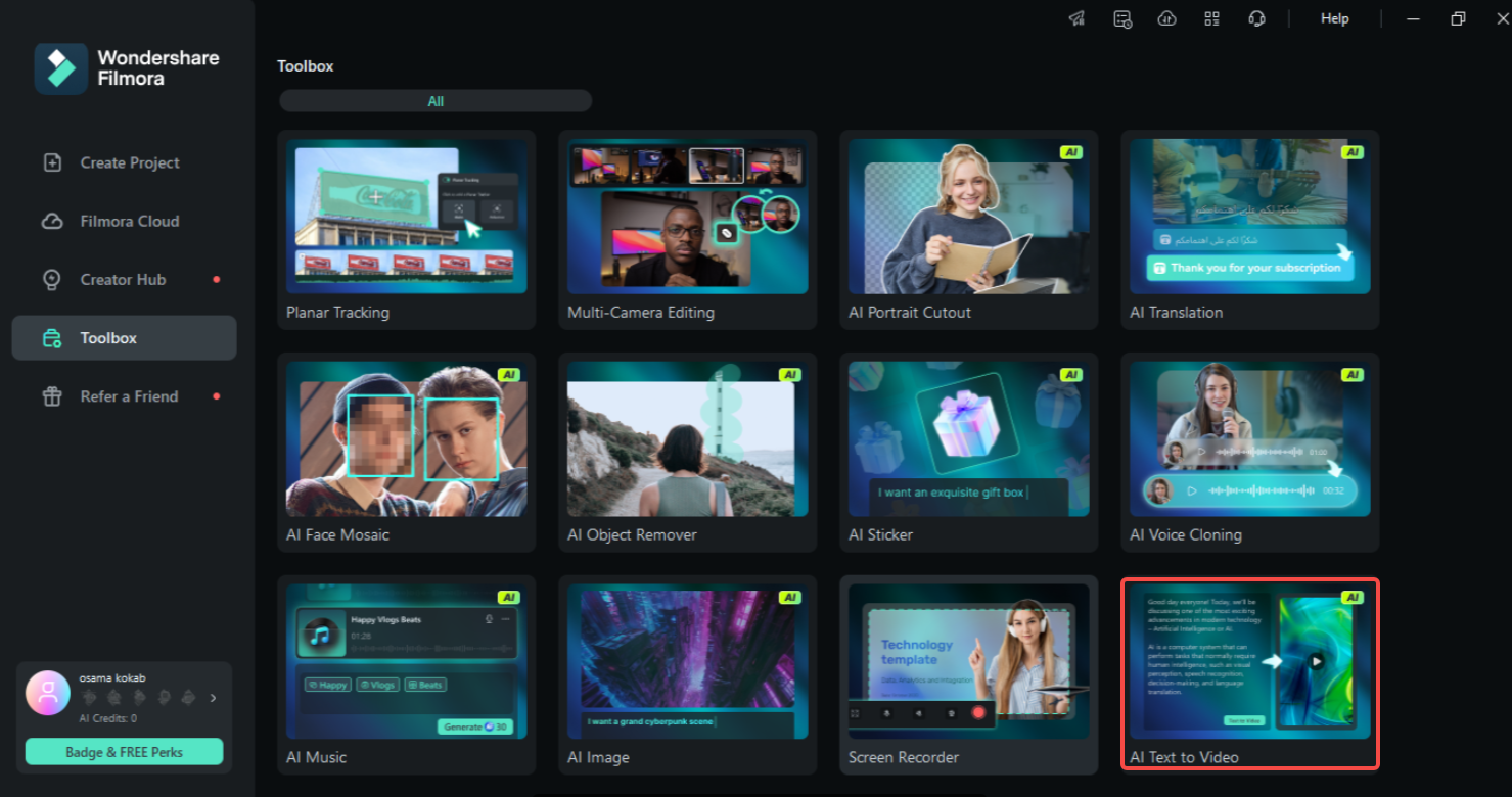 Apply the AI Text to Video feature in Filmora AI