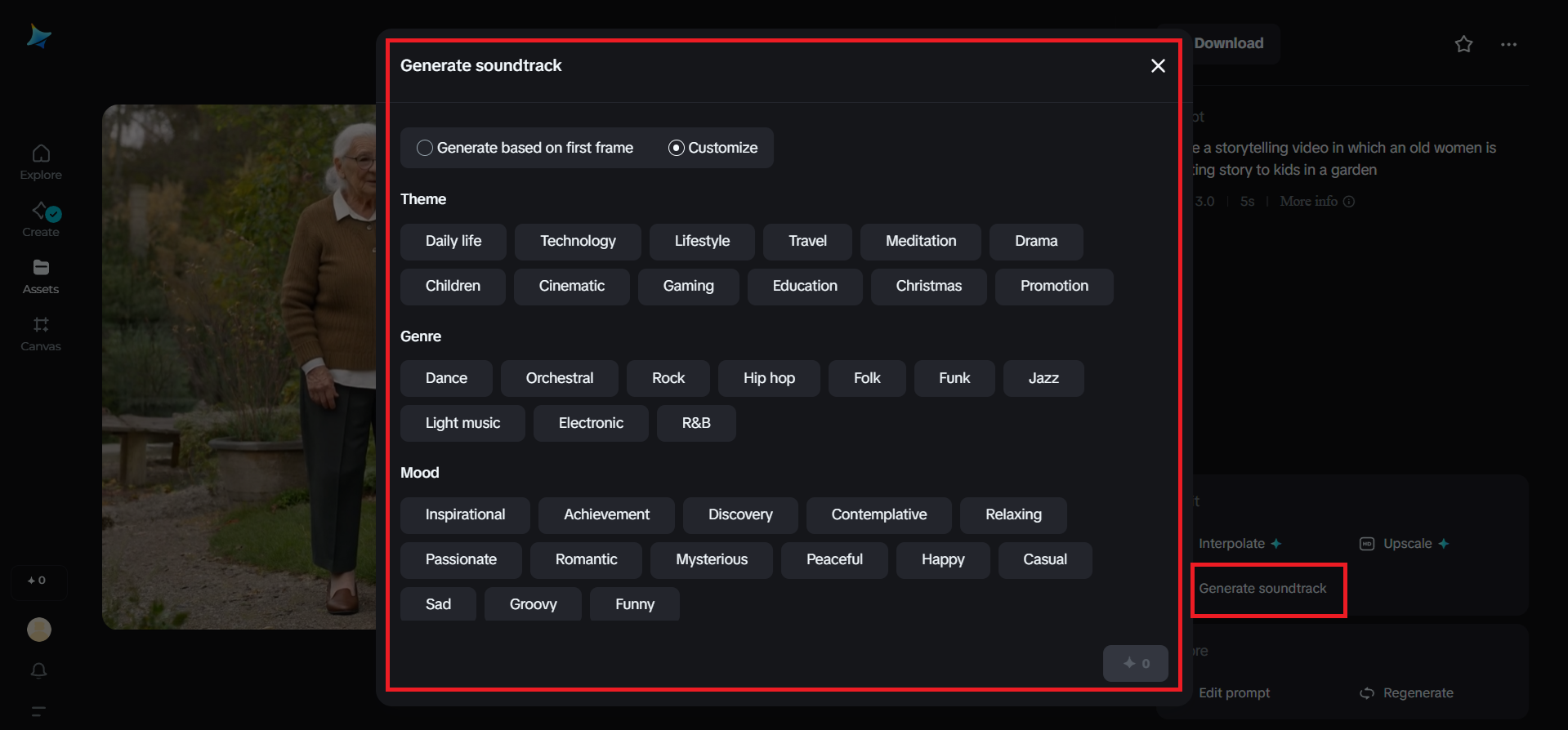 Generate soundtrack feature in Dreamina