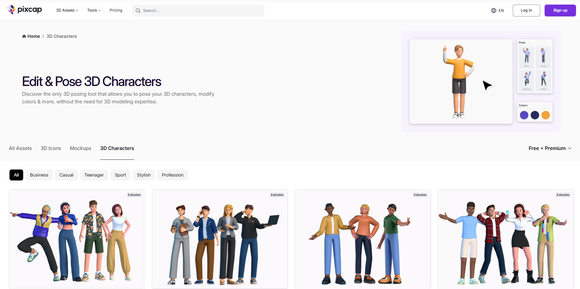 Interface de Pixcap - un créateur de personnages en ligne précieux