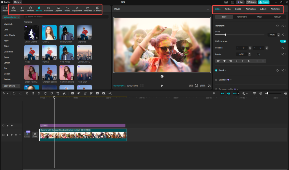 Editing the music festival background clip in CapCut