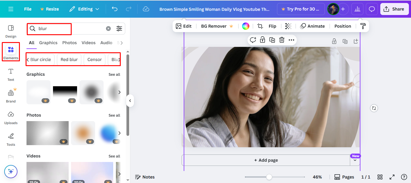 Recherche d'un élément flou dans Canva