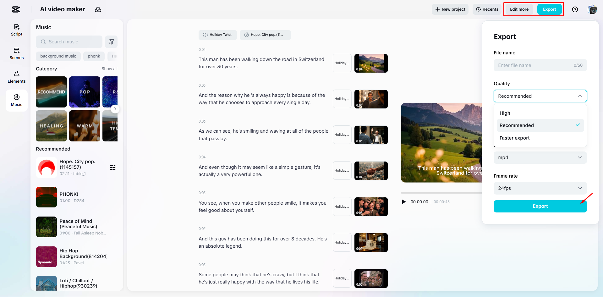 Ini-export ang huling video mula sa AI video maker ng CapCut