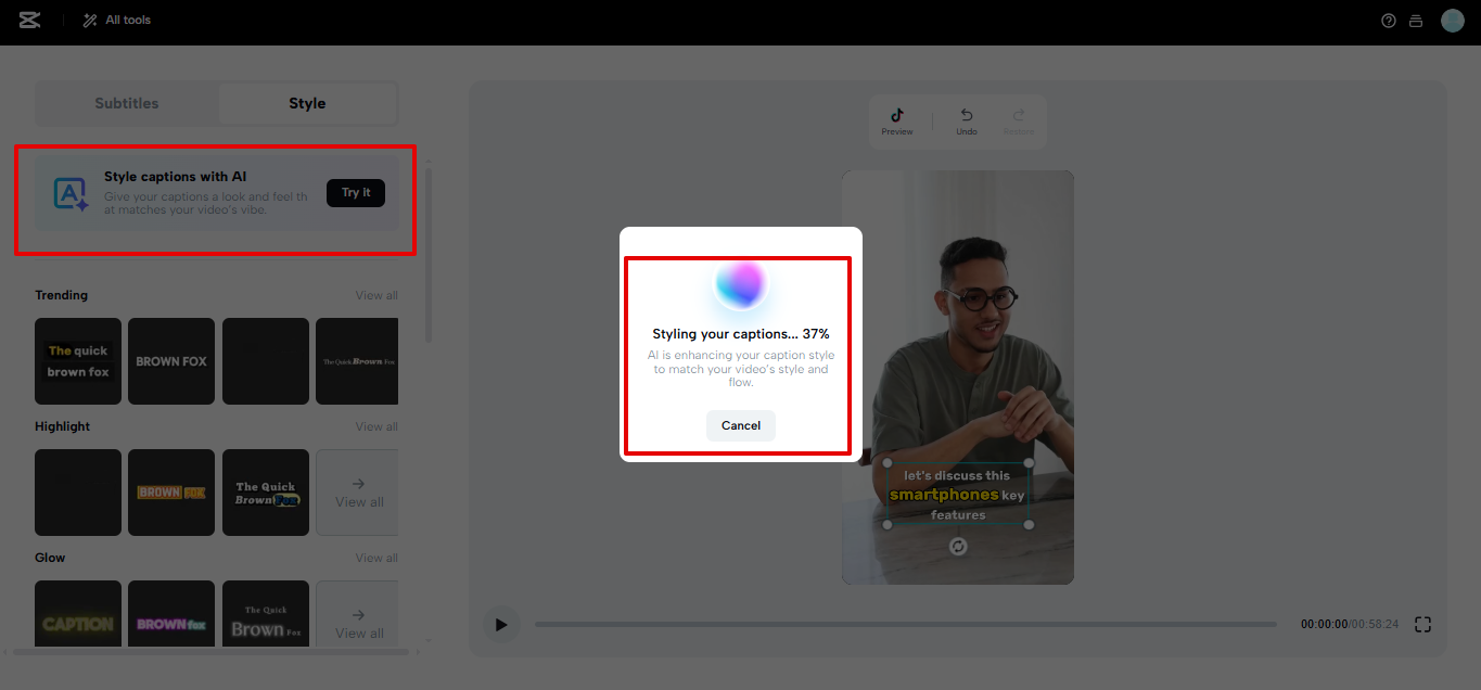 Didascalia in stile CapCut Web con AI