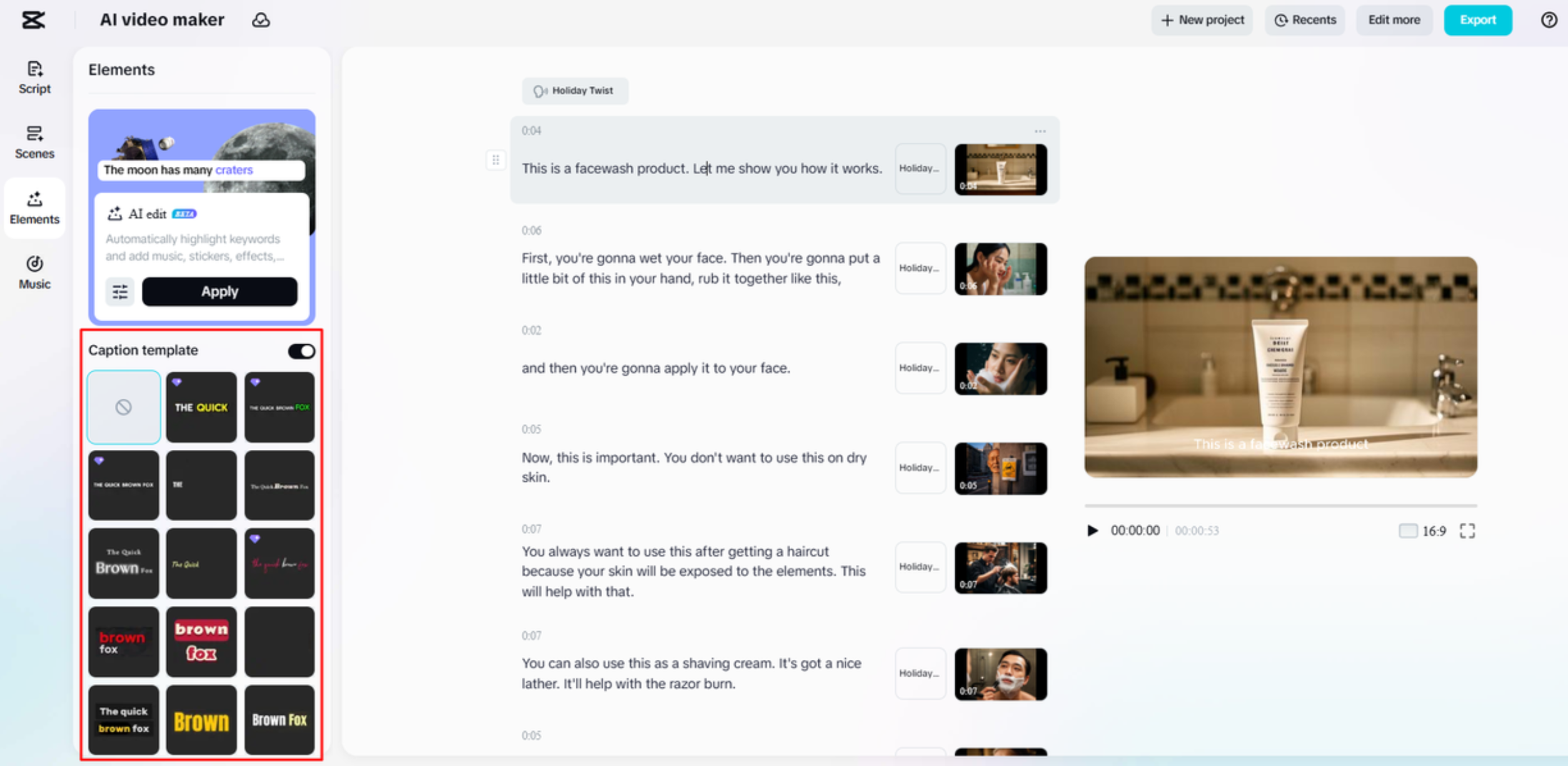 Applying templates to captions in video using CapCut Web
