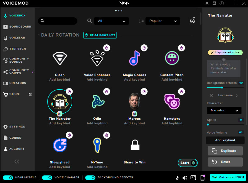 Interface de VoiceMod - un changeur de voix IA open source polyvalent