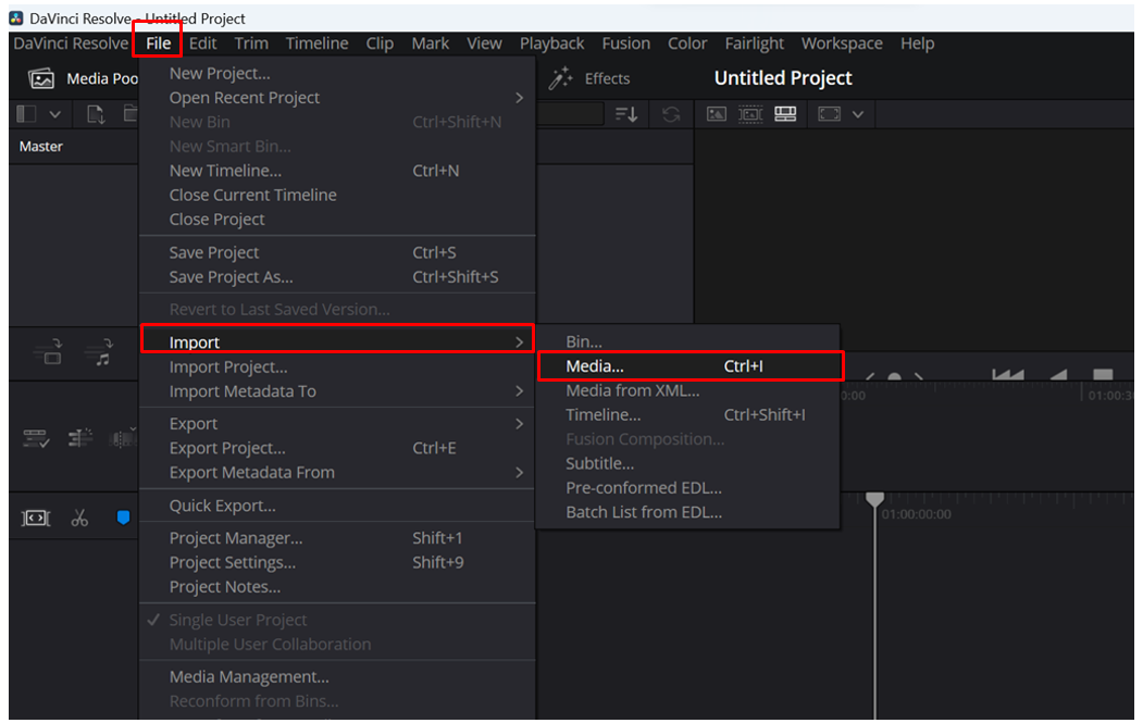 Importación de la grabación de pantalla en DaVinci Resolve