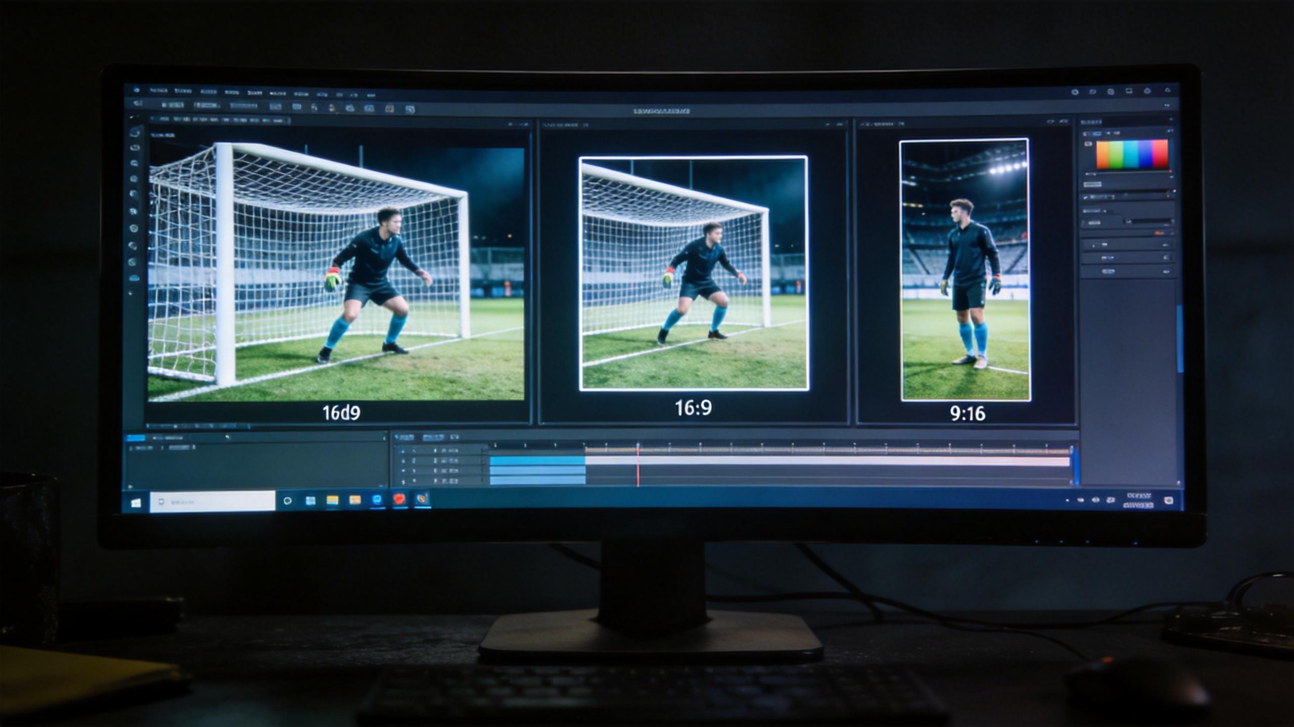 Video editor showing soccer goalkeeper clips in 16:9 and 9:16 layouts