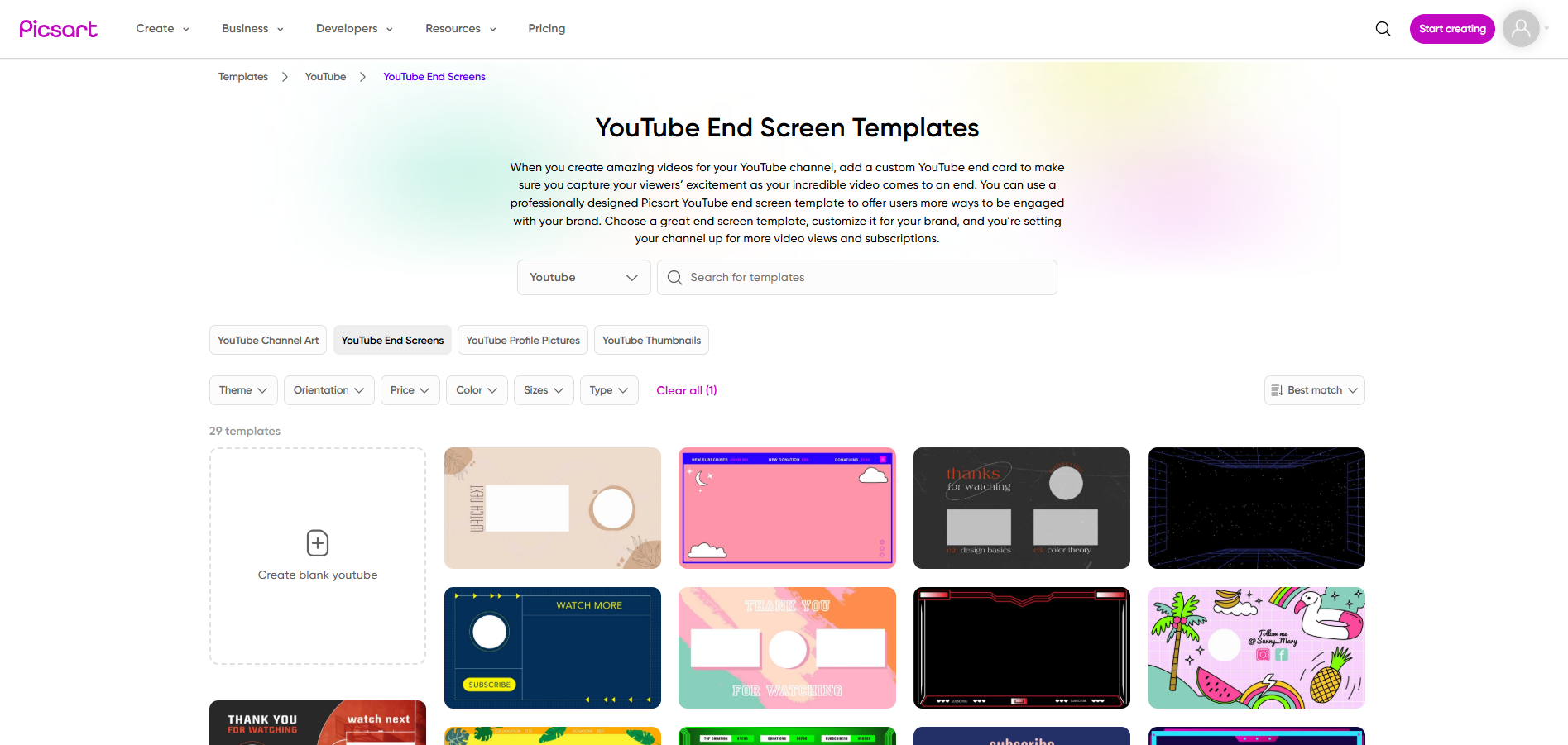 Interface de Picsart - une façon rapide de télécharger gratuitement des modèles PSD d'écran de fin YouTube