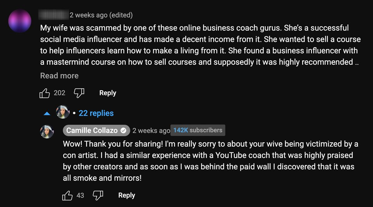 Sezione commenti di YouTube con il creatore che risponde ai spettatori