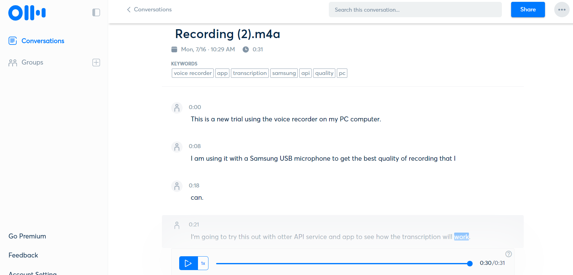 Interface de Otter.ai - o conversor de áudio para texto online perfeito