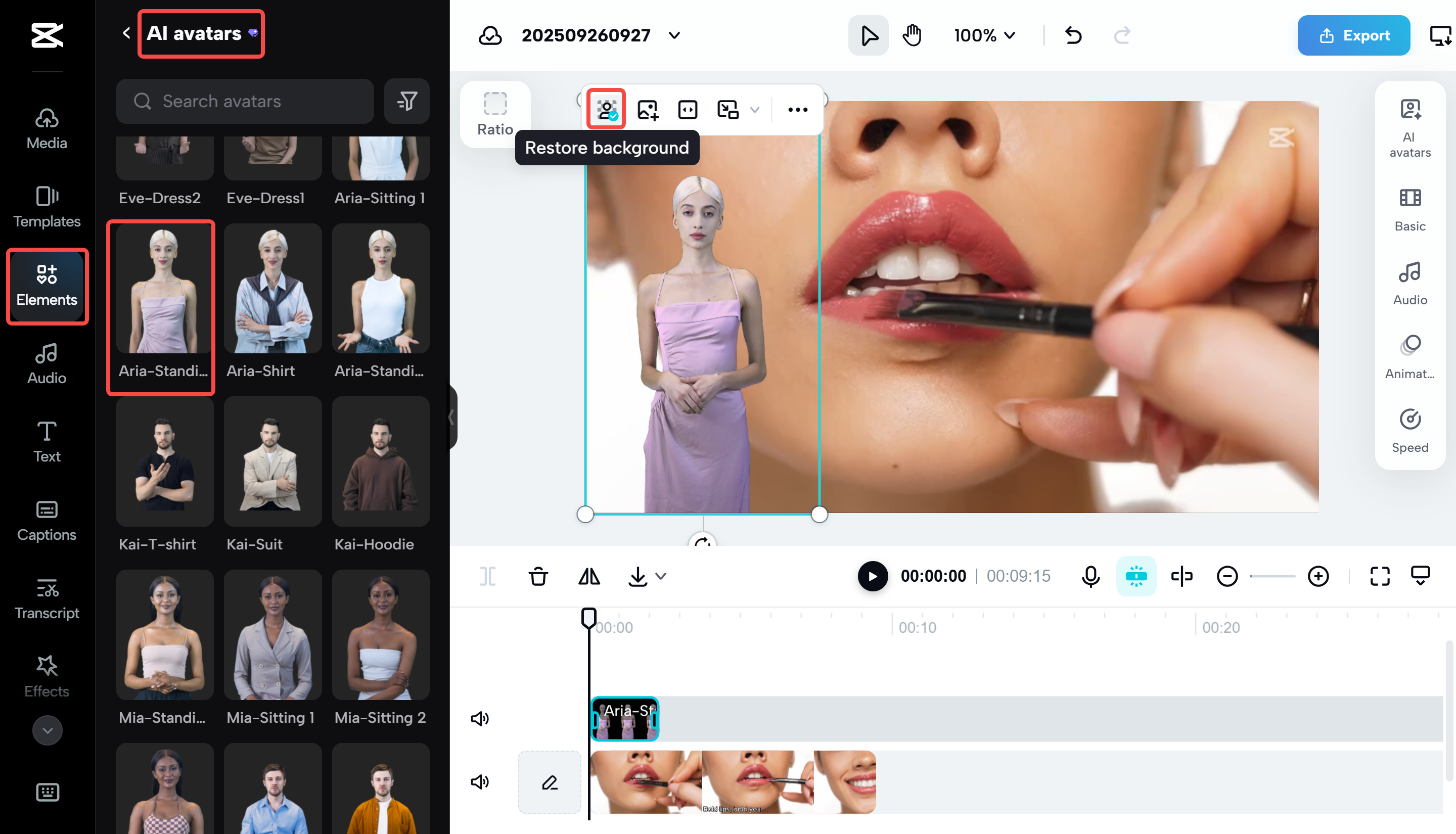 Personalizing the avatar on the CapCut Web