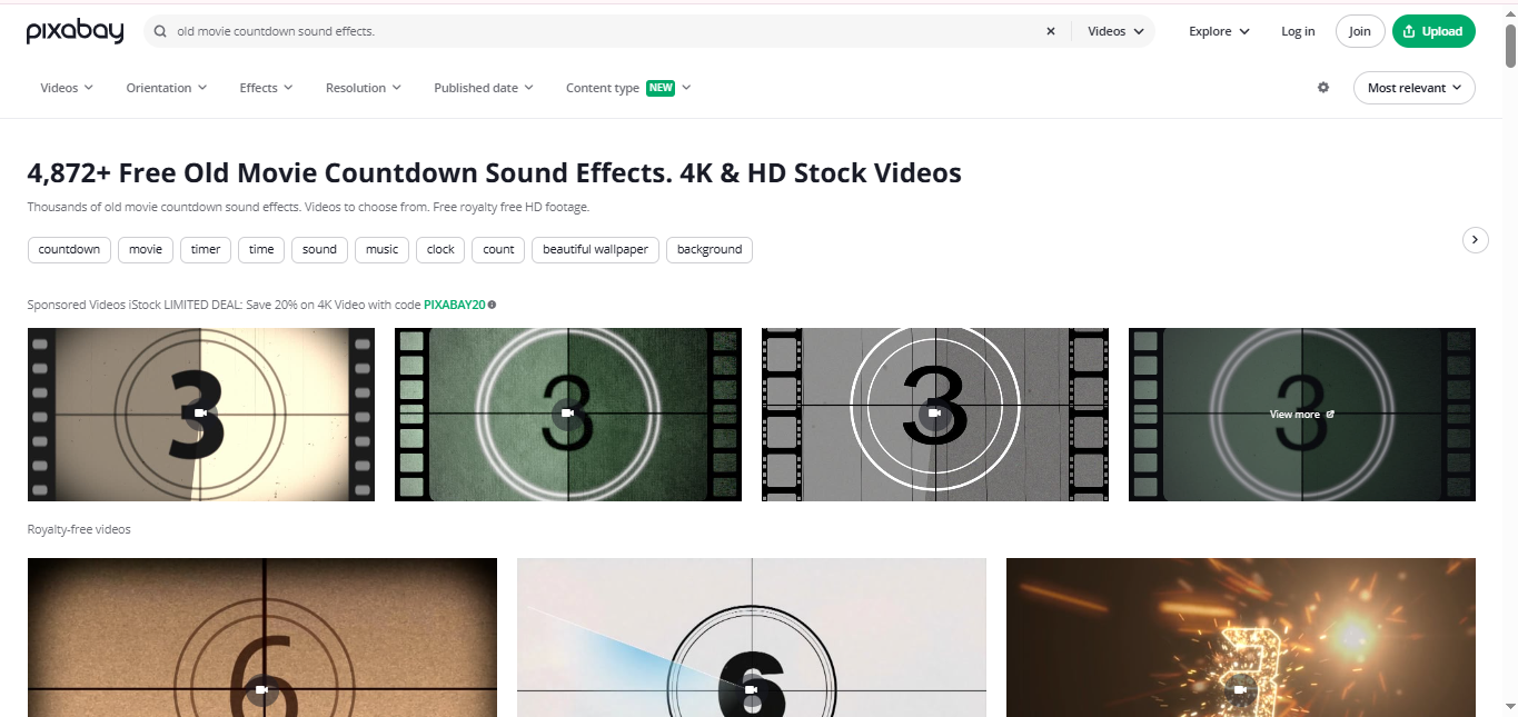 Interfaz de Pixabay: la excelente herramienta para obtener efectos de sonido de proyector de películas antiguo